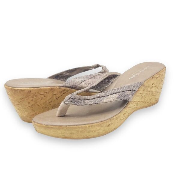 Lorenzo Chelini Taupe Faux Snakeskin Cork Wedge Sandal Thong Flip Flop Size 10 - Picture 3 of 16